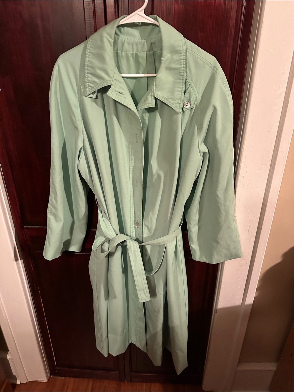 Jerold Vintage Retro Women's Mint Green Long Belted Lined Trench Coat Size 16-18